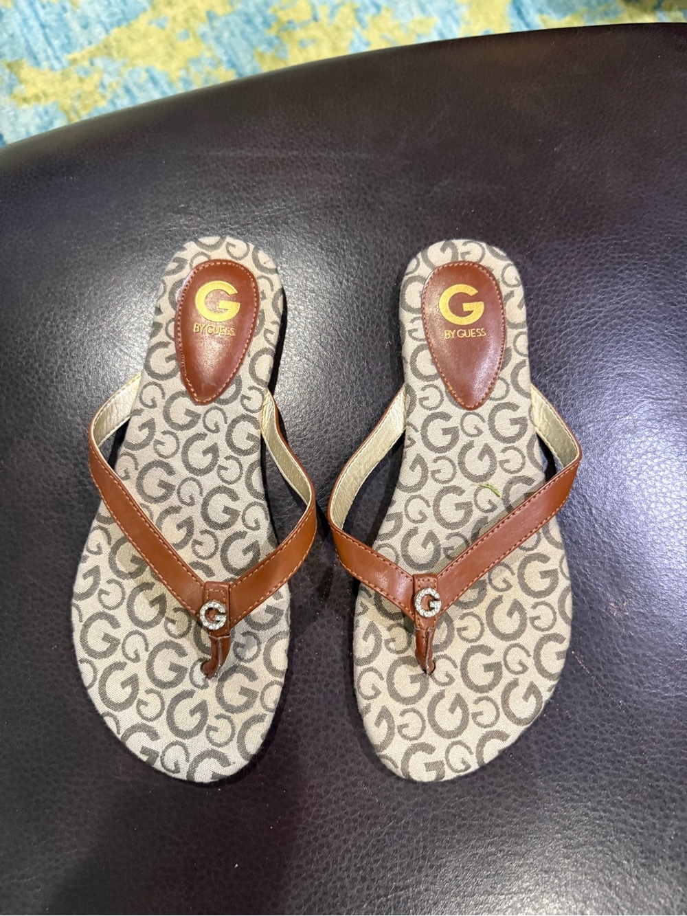 G by Guess Brown Logo-Print Thong Sandals